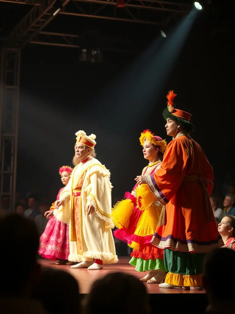 A vibrant photograph capturing a scene from a recent theatrical performance at ODYSSEE THEATRE DURANCE, showcasing actors in costume on a well-lit stage, engaging with an enthralled audience.