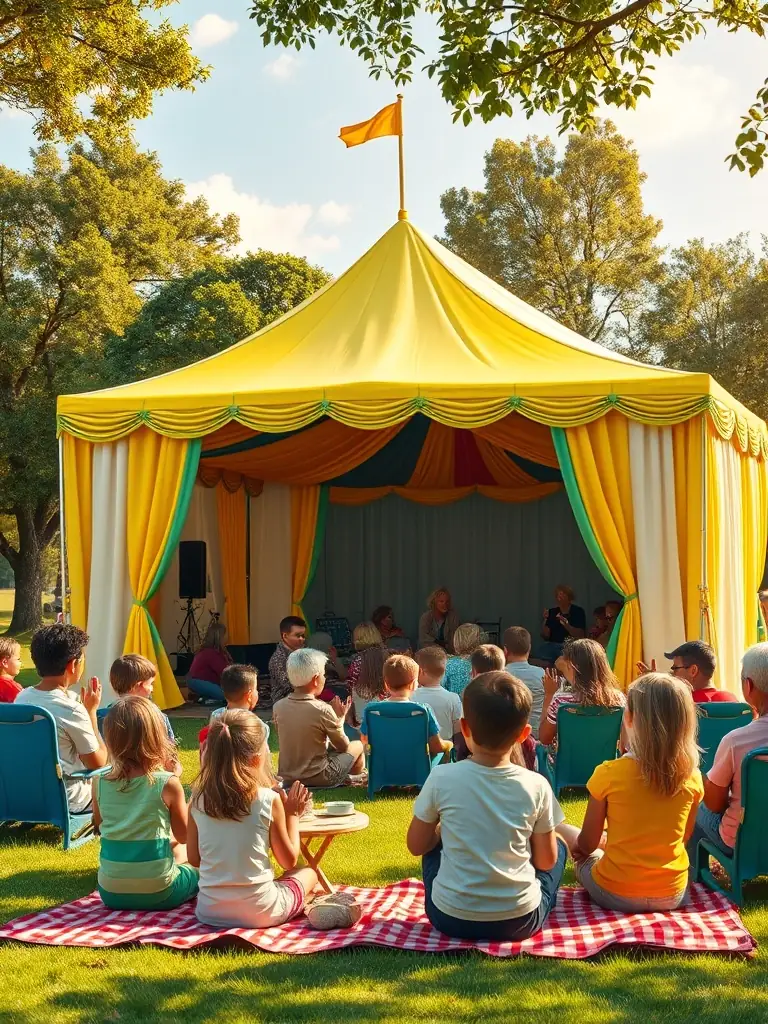 A photo of a community outreach event, showcasing a mobile theater performance in a local park, engaging a diverse audience at ODYSSEE THEATRE DURANCE.