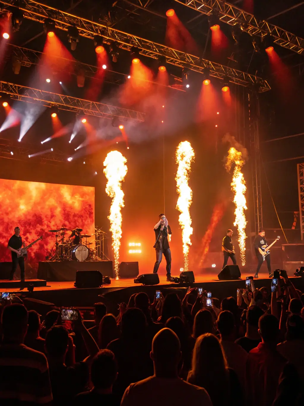 A photograph of a musical performance at the theater, showcasing musicians playing instruments on stage with colorful lighting and a captivated audience.