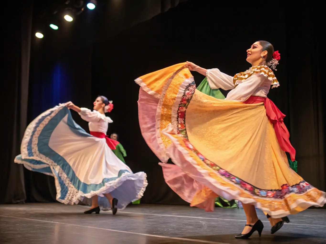 A captivating image of dancers in motion during a contemporary dance performance at ODYSSEE THEATRE DURANCE, highlighting the fluidity and artistry of the choreography.