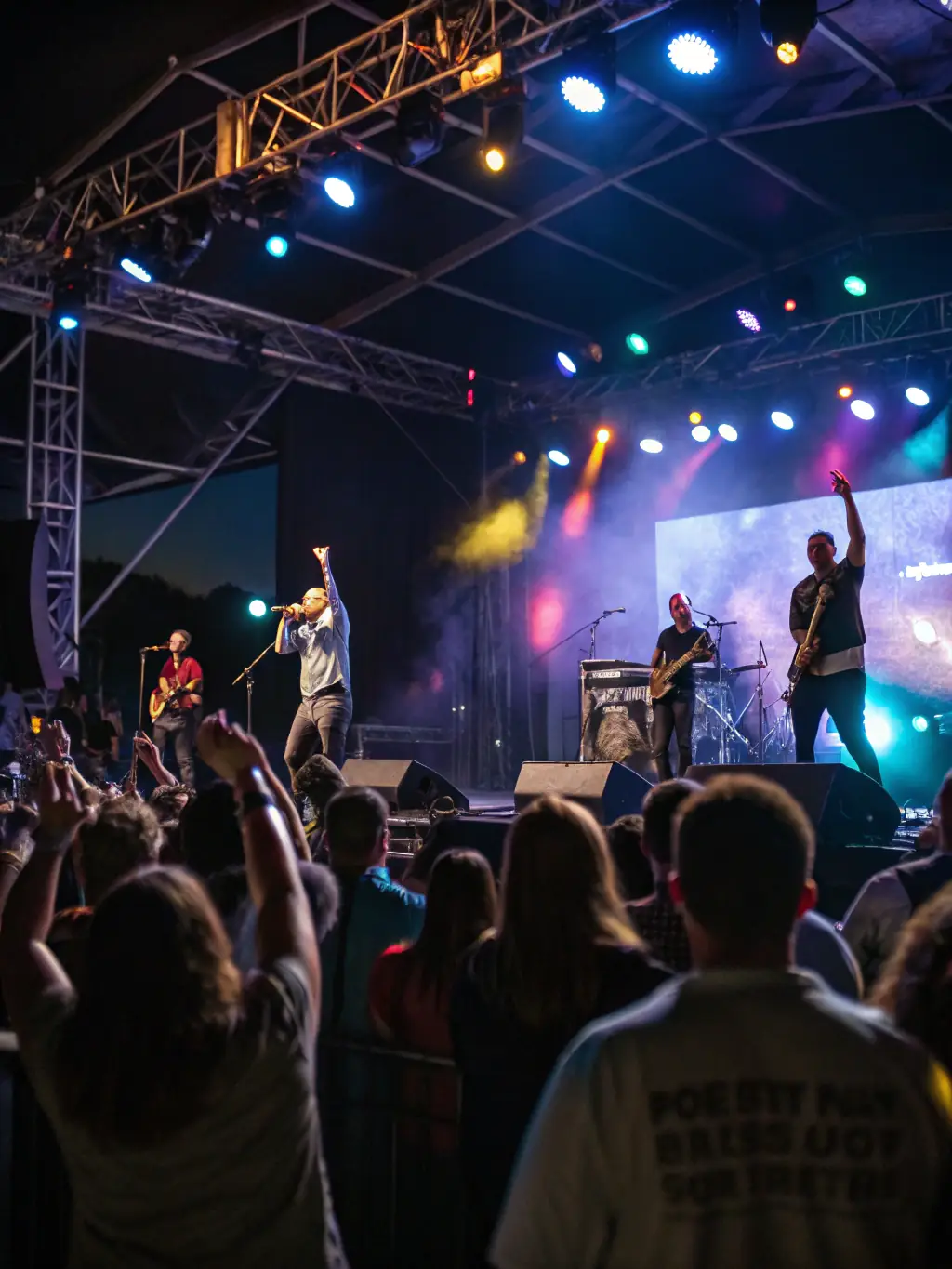 A vibrant photograph capturing the energy of a past musical performance at ODYSSEE THEATRE DURANCE, featuring musicians on stage and an enthusiastic audience.