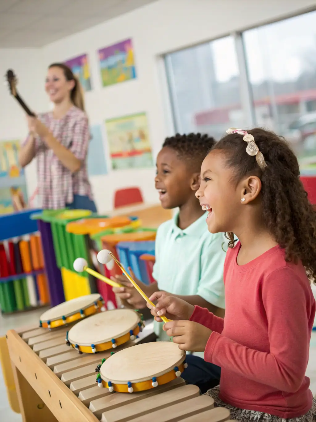 A photo of a music education program, featuring children learning to play musical instruments with guidance from experienced musicians at ODYSSEE THEATRE DURANCE.