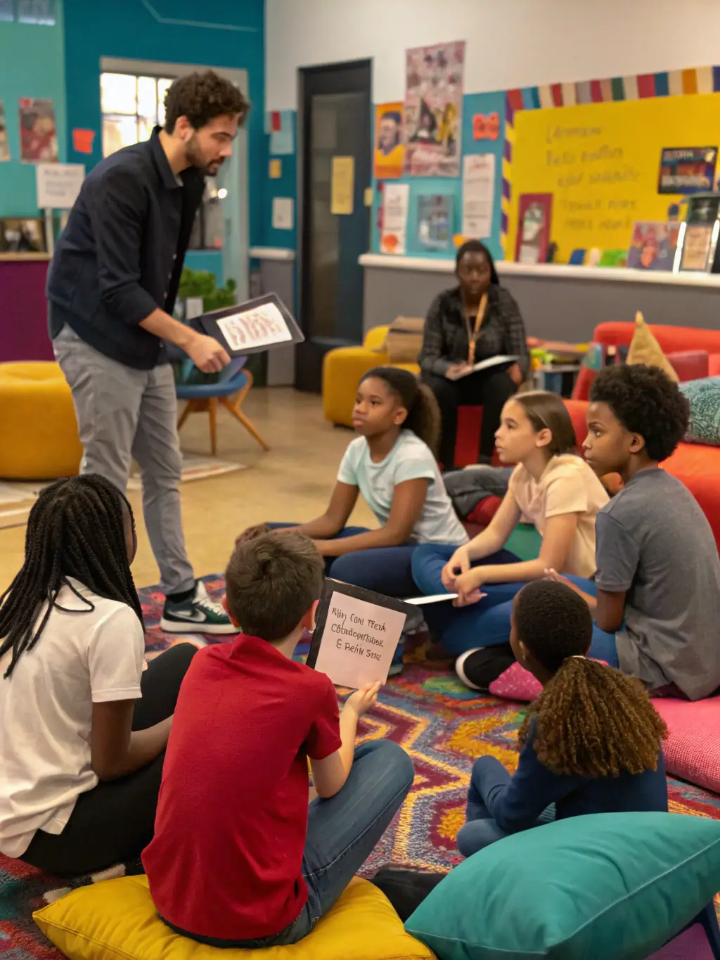 A vibrant photo of children participating in a theater workshop, with instructors guiding them in acting exercises at ODYSSEE THEATRE DURANCE.