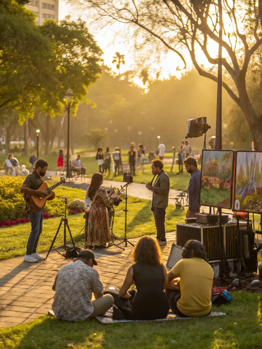 A heartwarming photograph showing a community outreach event organized by ODYSSEE THEATRE DURANCE, featuring diverse participants enjoying a cultural performance in an outdoor setting.