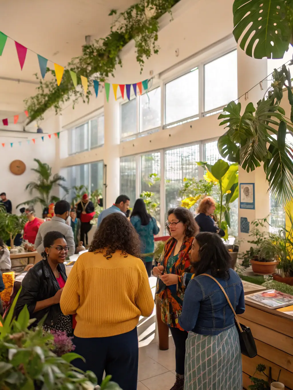 A photograph of a community outreach event organized by ODYSSEE THEATRE DURANCE, showing performers interacting with residents in a local community center, promoting cultural participation.