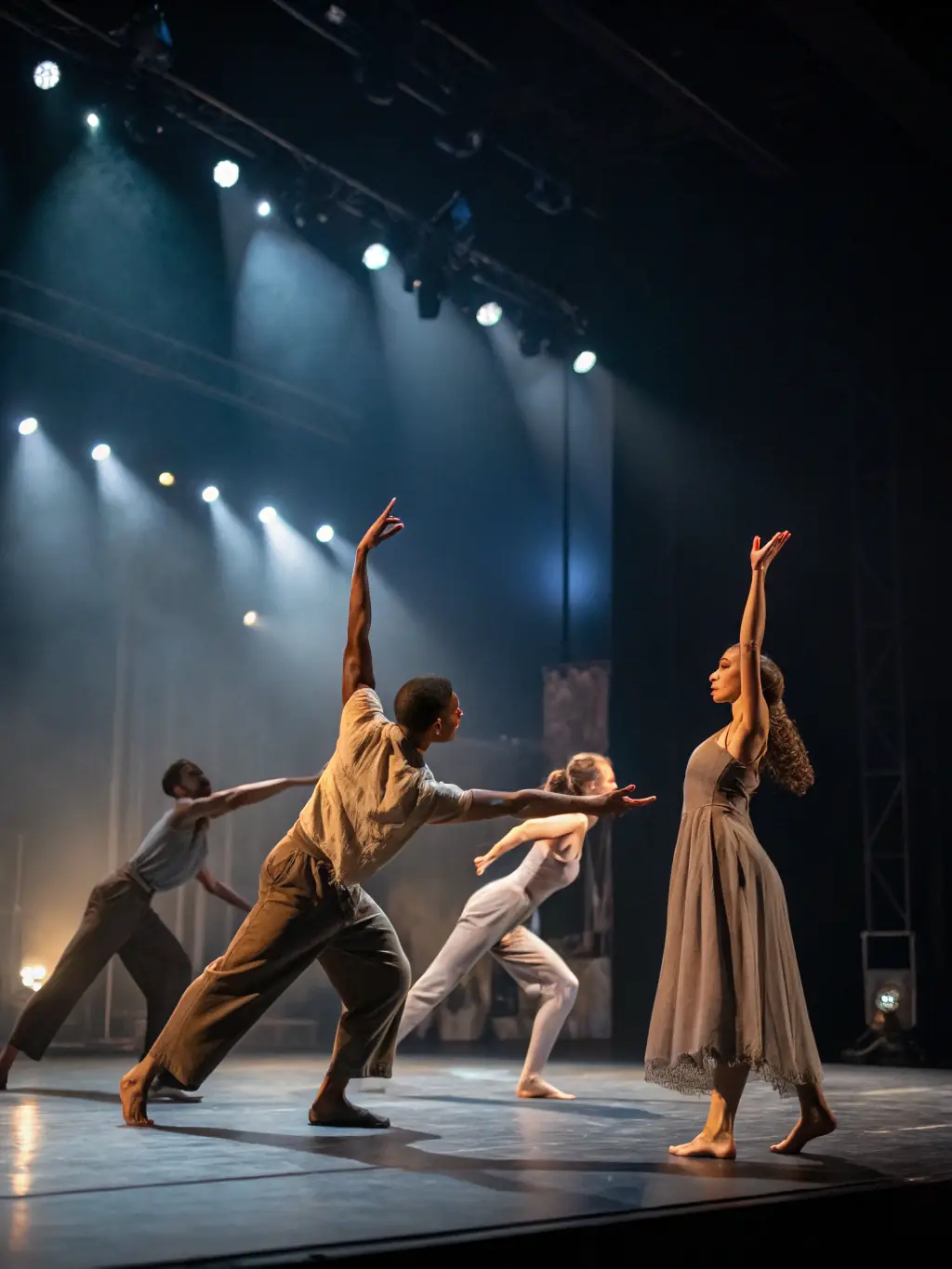 A dynamic shot of a dance performance at ODYSSEE THEATRE DURANCE, highlighting the dancers' movements and the stage lighting.