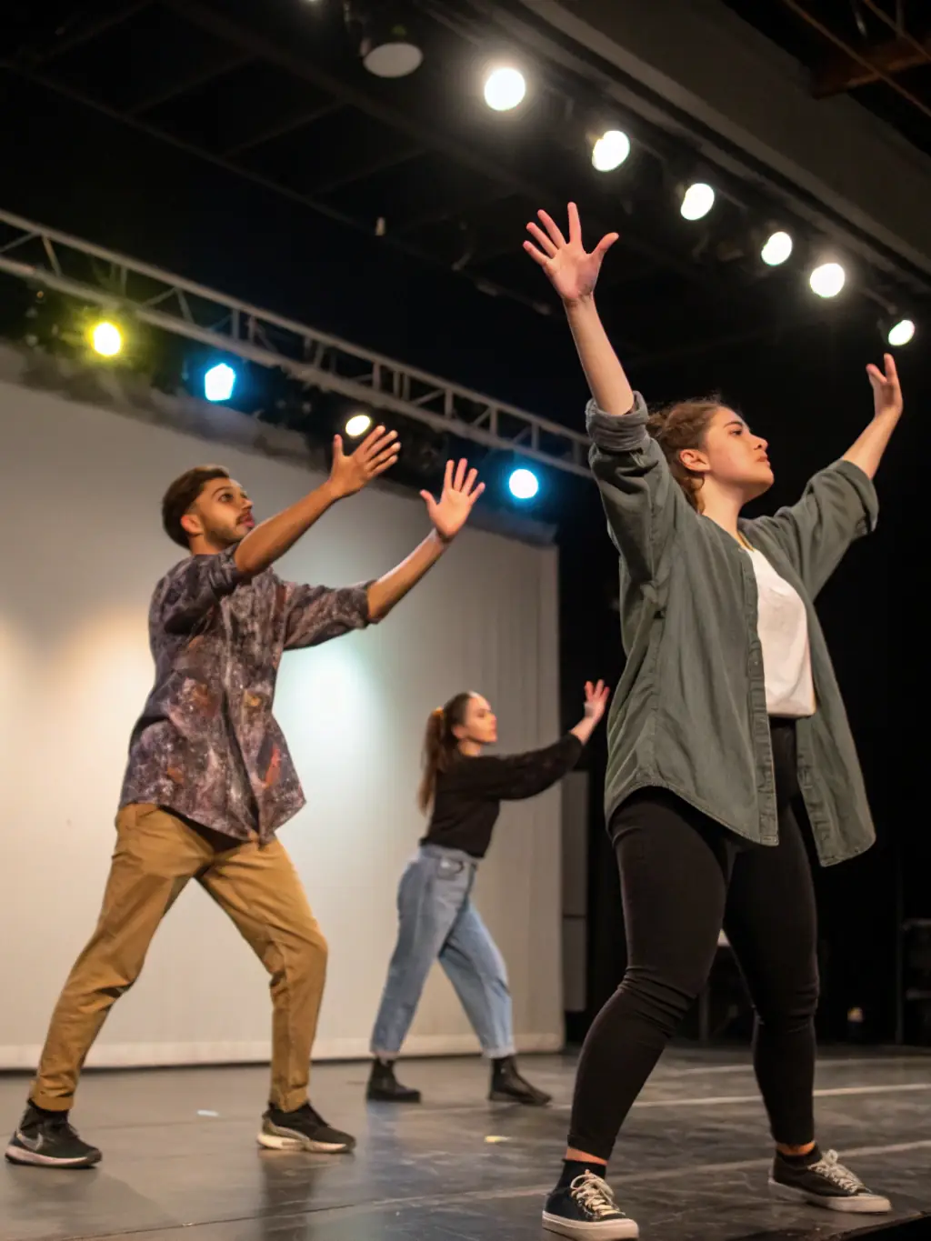 A dynamic image depicting a group of participants actively engaged in a theater workshop at ODYSSEE THEATRE DURANCE, with instructors guiding them through various acting exercises.