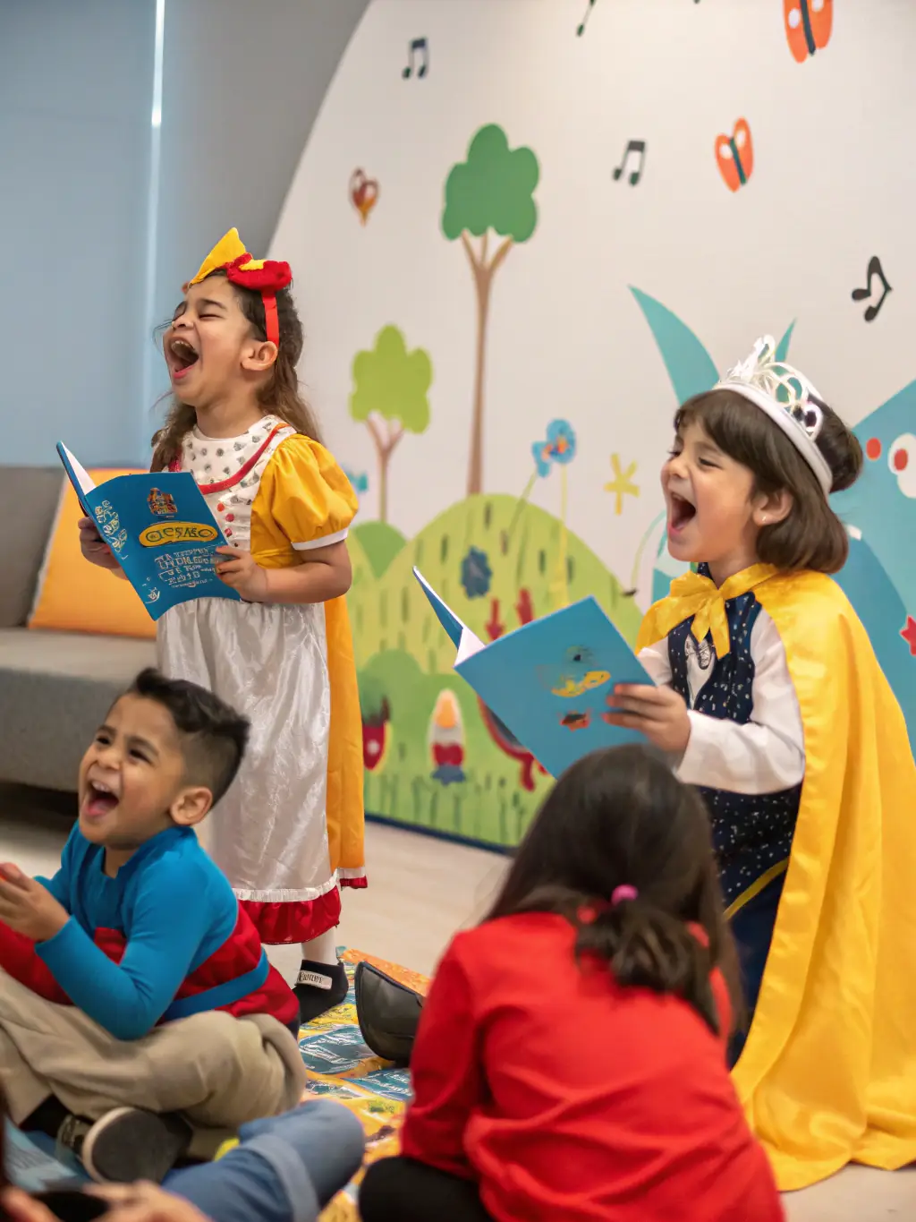 A vibrant photograph capturing a children's theater workshop in progress at ODYSSEE THEATRE DURANCE, showcasing young participants actively engaged in a creative activity, with instructors guiding them.