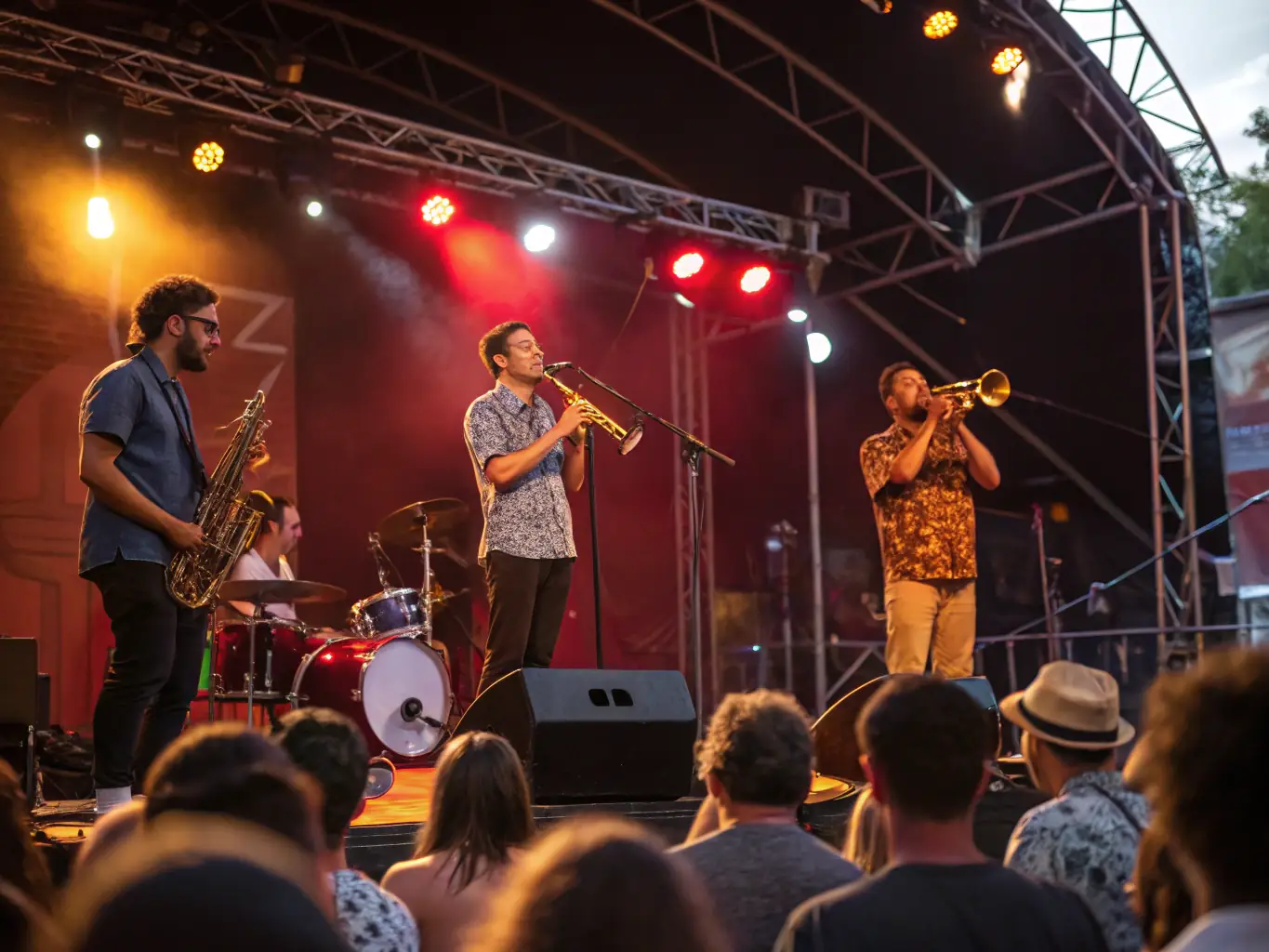 A high-quality image of a musical ensemble performing live on stage at ODYSSEE THEATRE DURANCE, with audience members visible in the background.